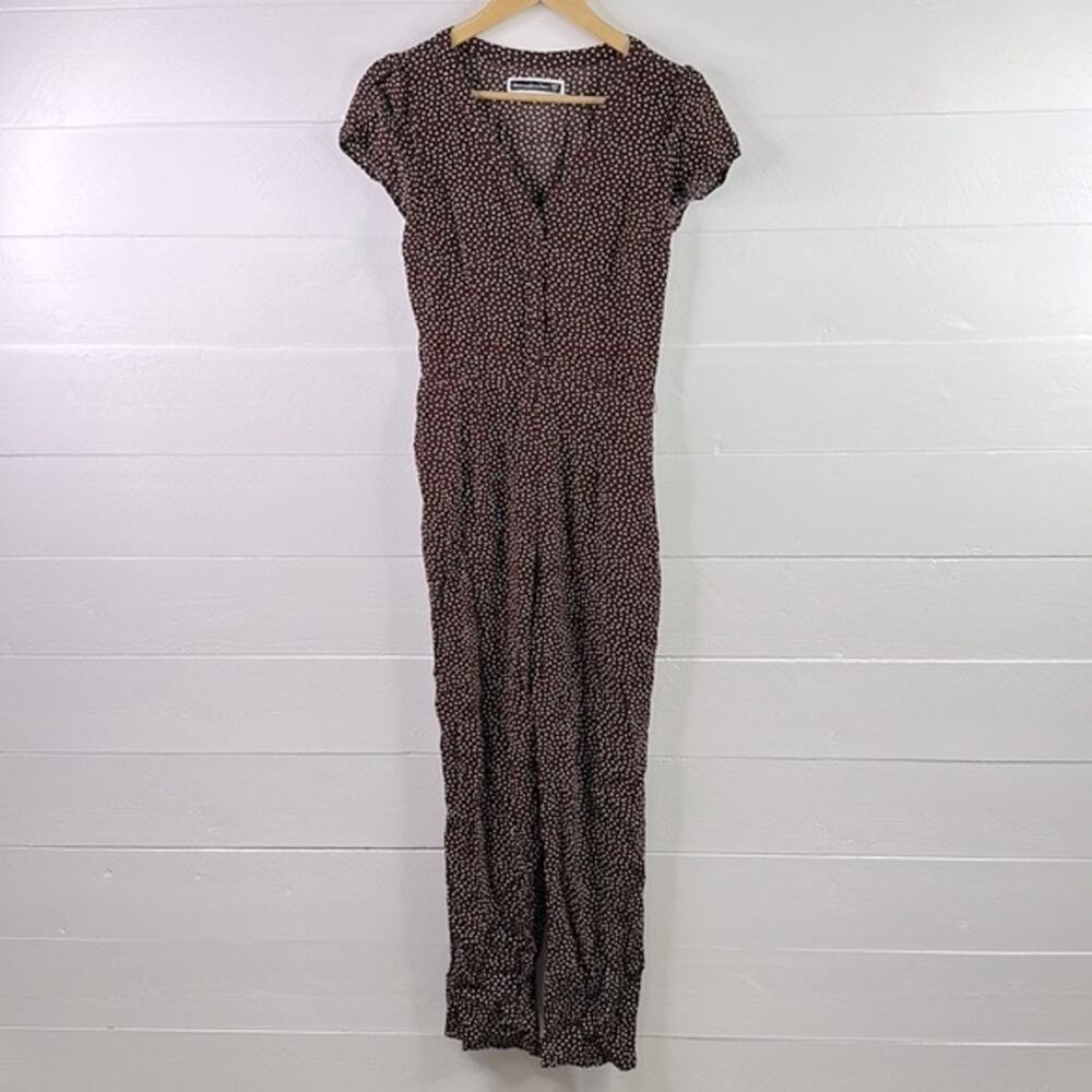 ABERCROMBIE & FITCH Maroon Plum Polka Dot Button Up Short Sleeve Jumpsuit Sz XST